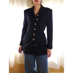 Vintage wool tailored shoulder pad blazer navy women M, gold button jacket